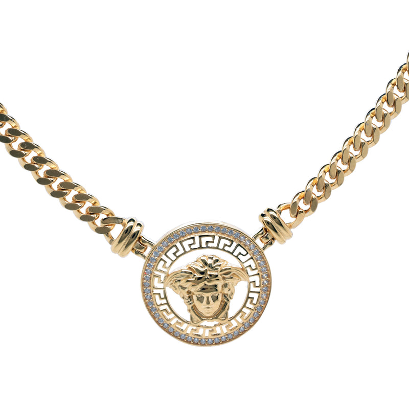 Gold Plated 925 Sterling Silver Medusa Greek Key Clear CZ Curb Adjustable Necklace - GMN00232GP