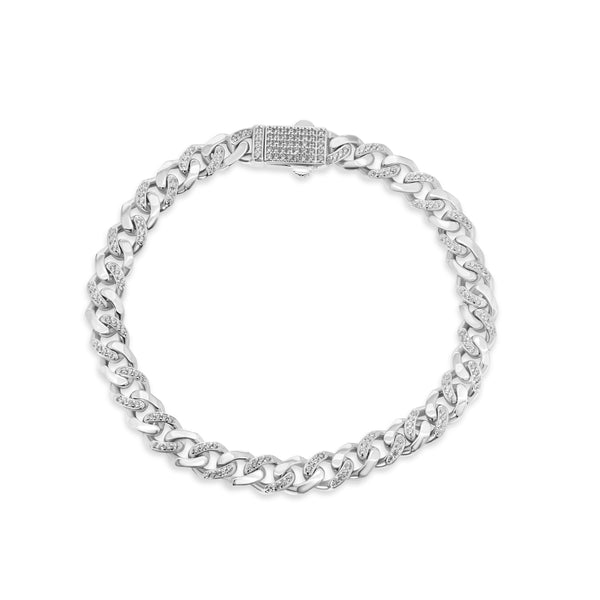 Rhodium Plated 925 Sterling Silver Miami Cuban Half Link Studded Clear CZ 6.9mm Necklace or Bracelet - GMN00235