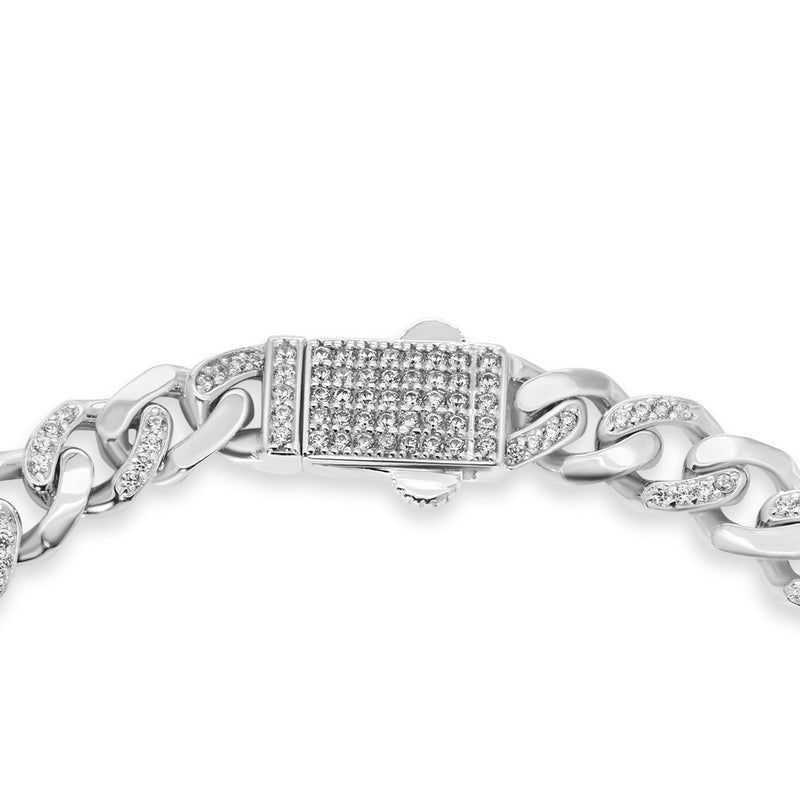 Rhodium Plated 925 Sterling Silver Miami Cuban Half Link Studded Clear CZ 6.9mm Necklace or Bracelet - GMN00235