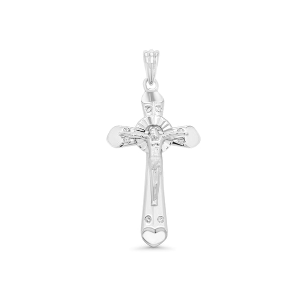 Rhodium Plated 925 Sterling Silver Plated Heart Edge Cross Pendant - GMP00040