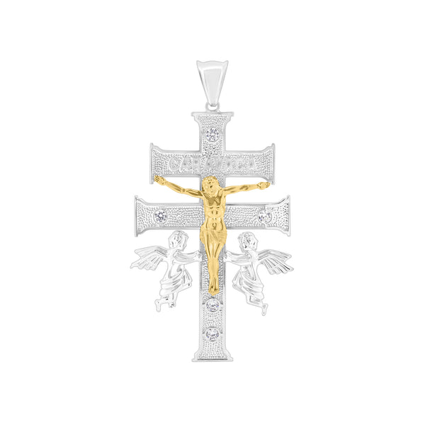 925 Sterling Silver 2 Toned Plated Caravaca Cross Clear CZ Pendant - GMP00116RG