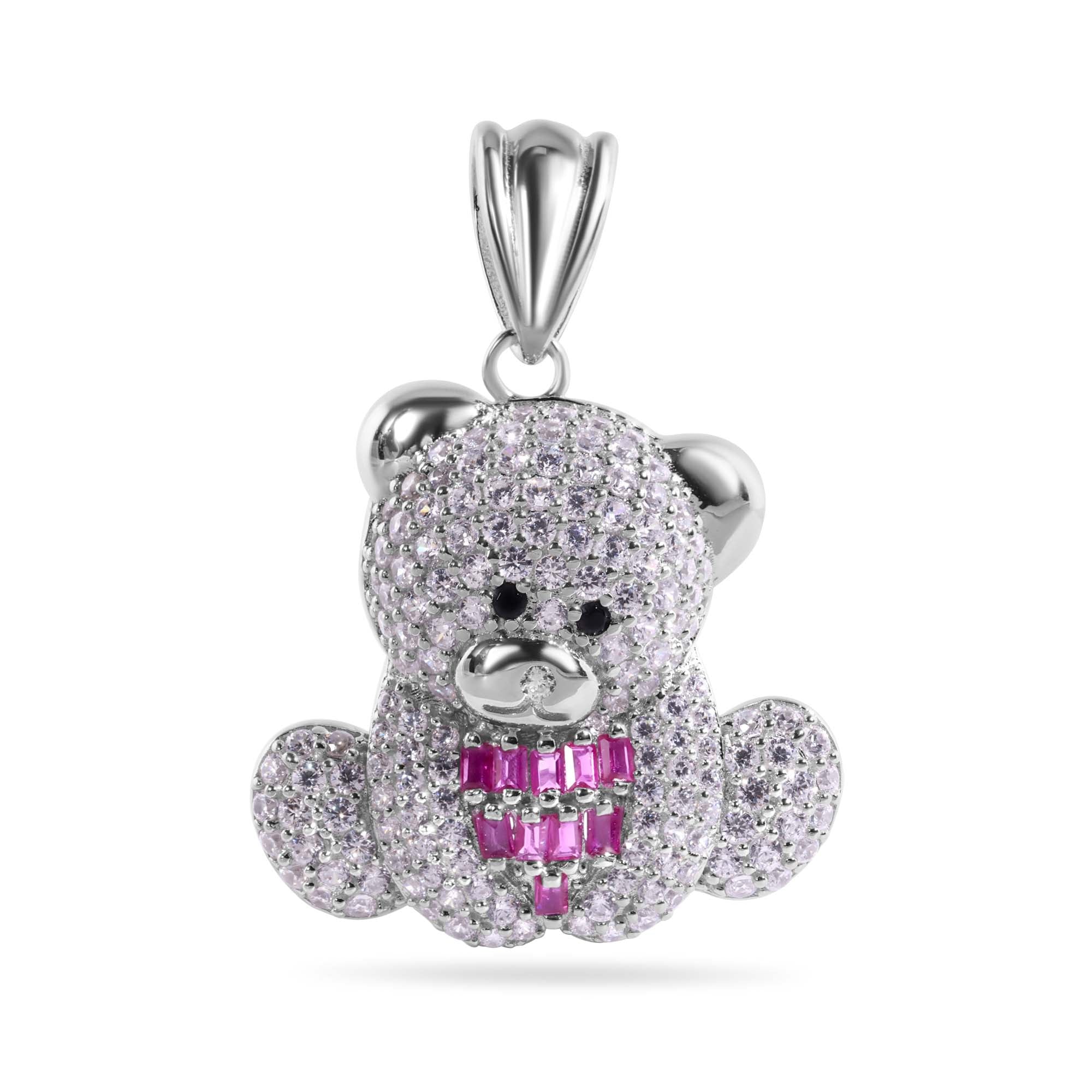 Silver 925 Rhodium Plated Teddy Bear Red Baguette and Clear CZ