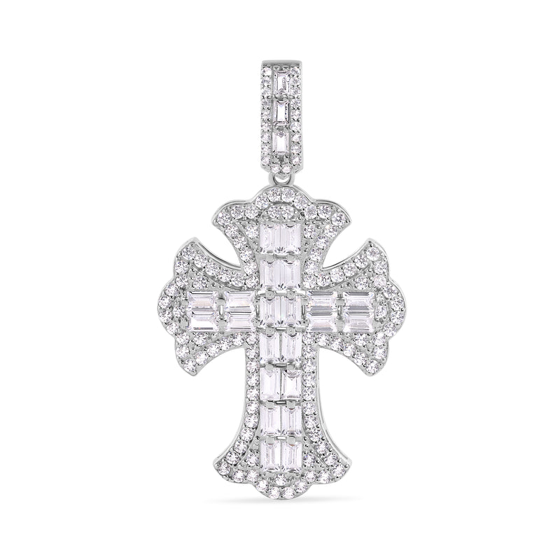 Rhodium Plated 925 Sterling Silver 32.1mm Fleur De Lis Cross Baguette Cut Clear CZ Pendant - GMP00170