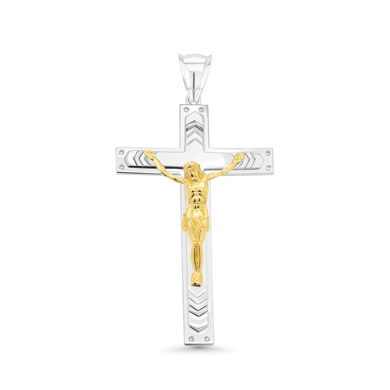 Two Tone Plated 925 Sterling Silver Crucifix Cross Clear CZ 40.1mm x 62.6mm Pendant - GMP00175RG