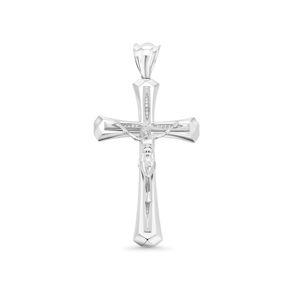 Rhodium Plated 925 Sterling Silver Jesus Christ Cross Crucifix 46.5mm x 76.5mm Clear CZ Pendant - GMP00176