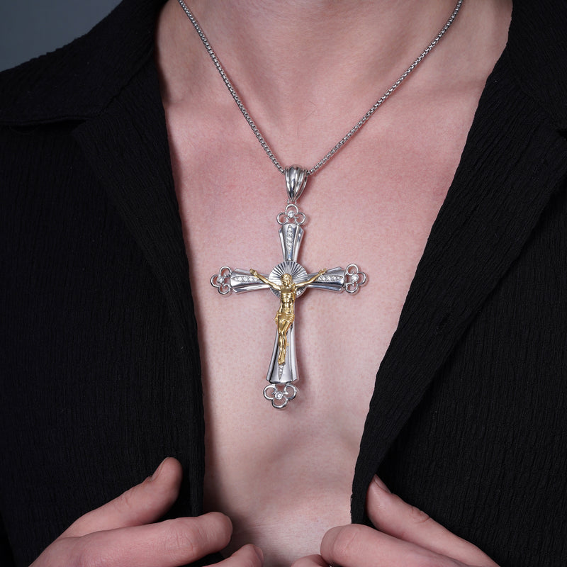 Two-Tone Plated 925 Sterling Silver Diamond Cut Jesus Christ Cross 74.5mmx 98.6mm Clear CZ Pendant - GMP00177RG