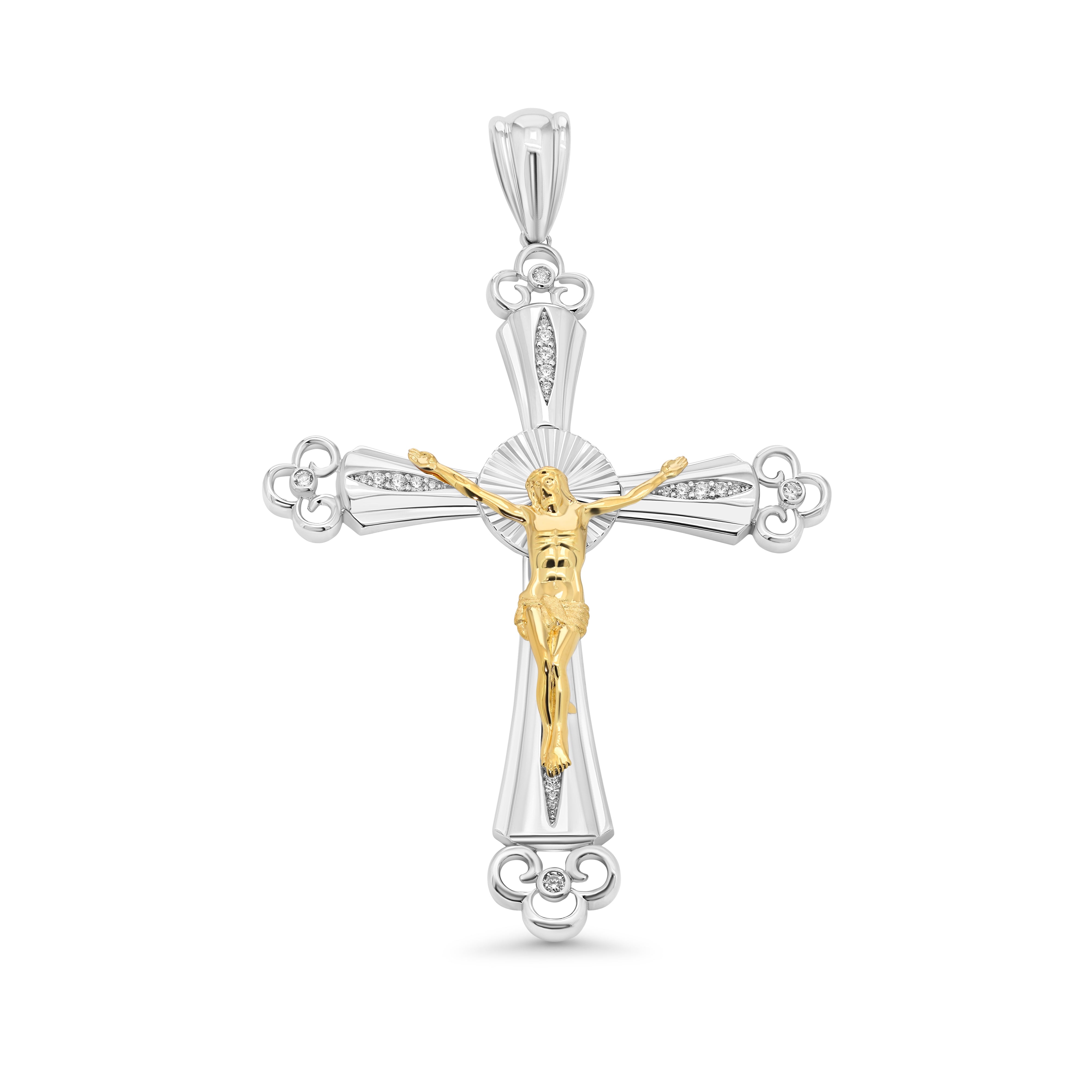 Colgante de cruz de Jesucristo con corte de diamante en plata de ley 925 bañada en dos tonos (74,5 mm x 98,6 mm) con circonitas transparentes - GMP00177RG