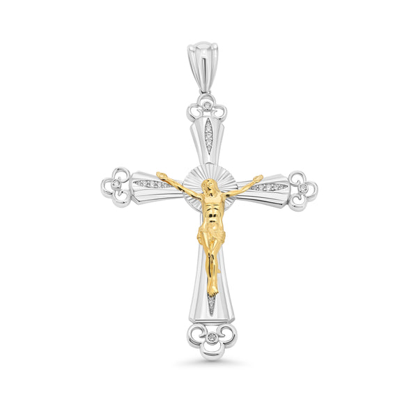 Two-Tone Plated 925 Sterling Silver Diamond Cut Jesus Christ Cross 74.5mmx 98.6mm Clear CZ Pendant - GMP00177RG