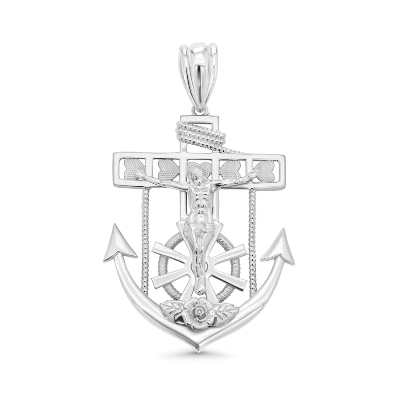 Rhodium Plated 925 Sterling Silver Mariner Anchor Cross 40.1mm x 51.7mm Pendant - GMP00178