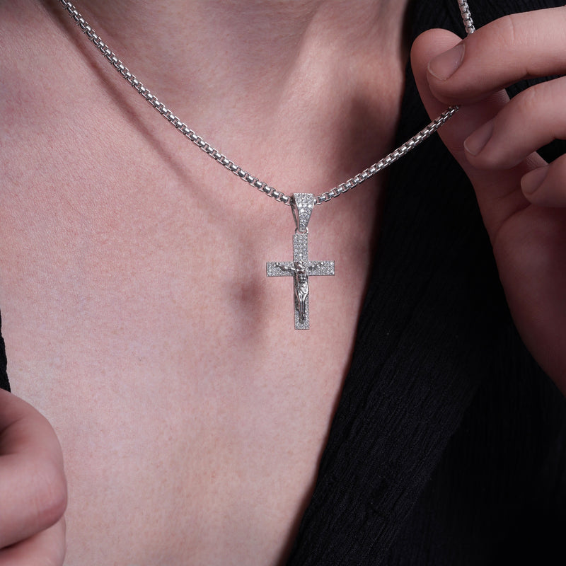 Rhodium Plated 925 Sterling Silver Crucifix Cross Clear CZ 18.4mm x 25.5mm Pendant - GMP00179