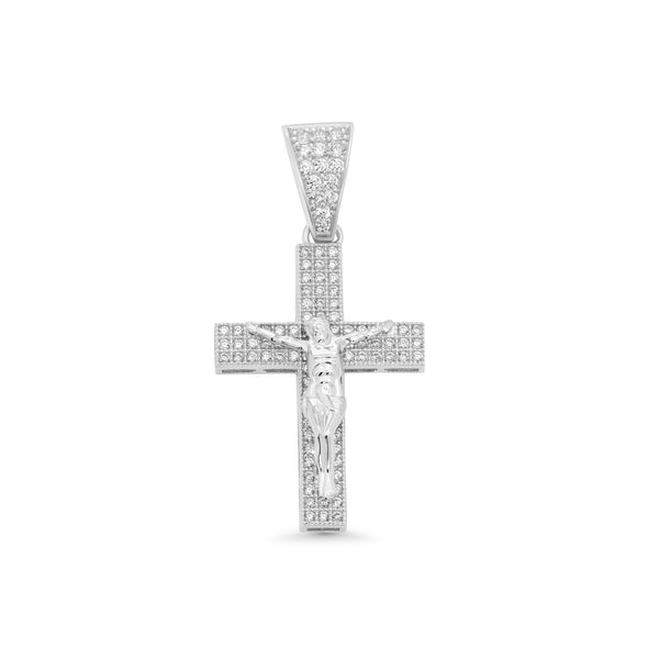 Rhodium Plated 925 Sterling Silver Crucifix Cross Clear CZ 18.4mm x 25.5mm Pendant - GMP00179