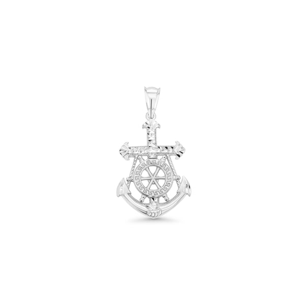 Rhodium Plated 925 Sterling Silver Diamond Cut Mariner Anchor Greek Key 18.4mm x 27.3mm Pendant - GMP00180