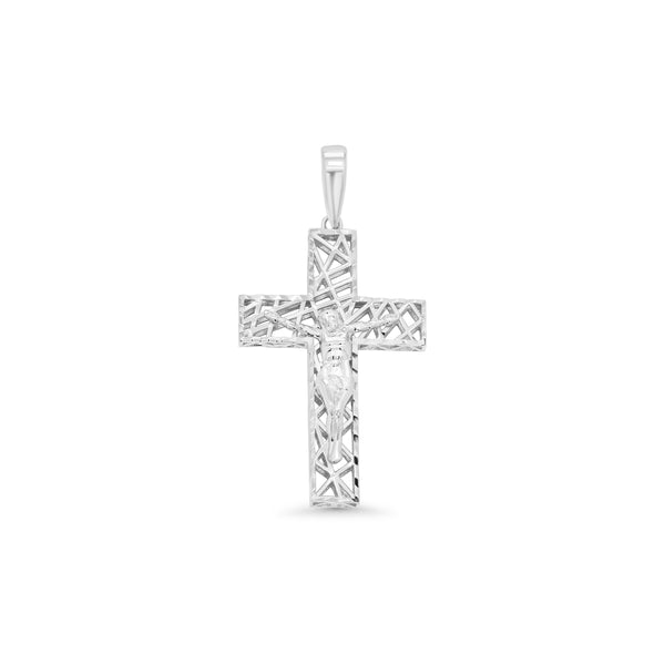 Rhodium Plated 925 Sterling Silver Diamond Cut Hollow Intersecting Pattern Cross 30.7mm x 20.5mm Pendant - GMP00181