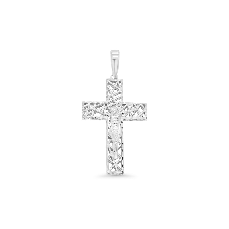 Rhodium Plated 925 Sterling Silver Diamond Cut Hollow Intersecting Pattern Cross 30.7mm x 20.5mm Pendant - GMP00181