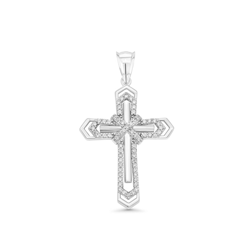 Rhodium Plated 925 Sterling Silver Layered Crucifix Cross Arrow Edge Clear CZ 21.5mm x 29mm Pendant - GMP00182