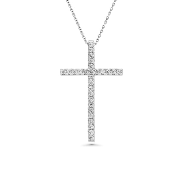 Rhodium Plated 925 Sterling Silver Cross Clear CZ 24.6mm x 39.5mm Adjustable Pendant Necklace - GMP00184