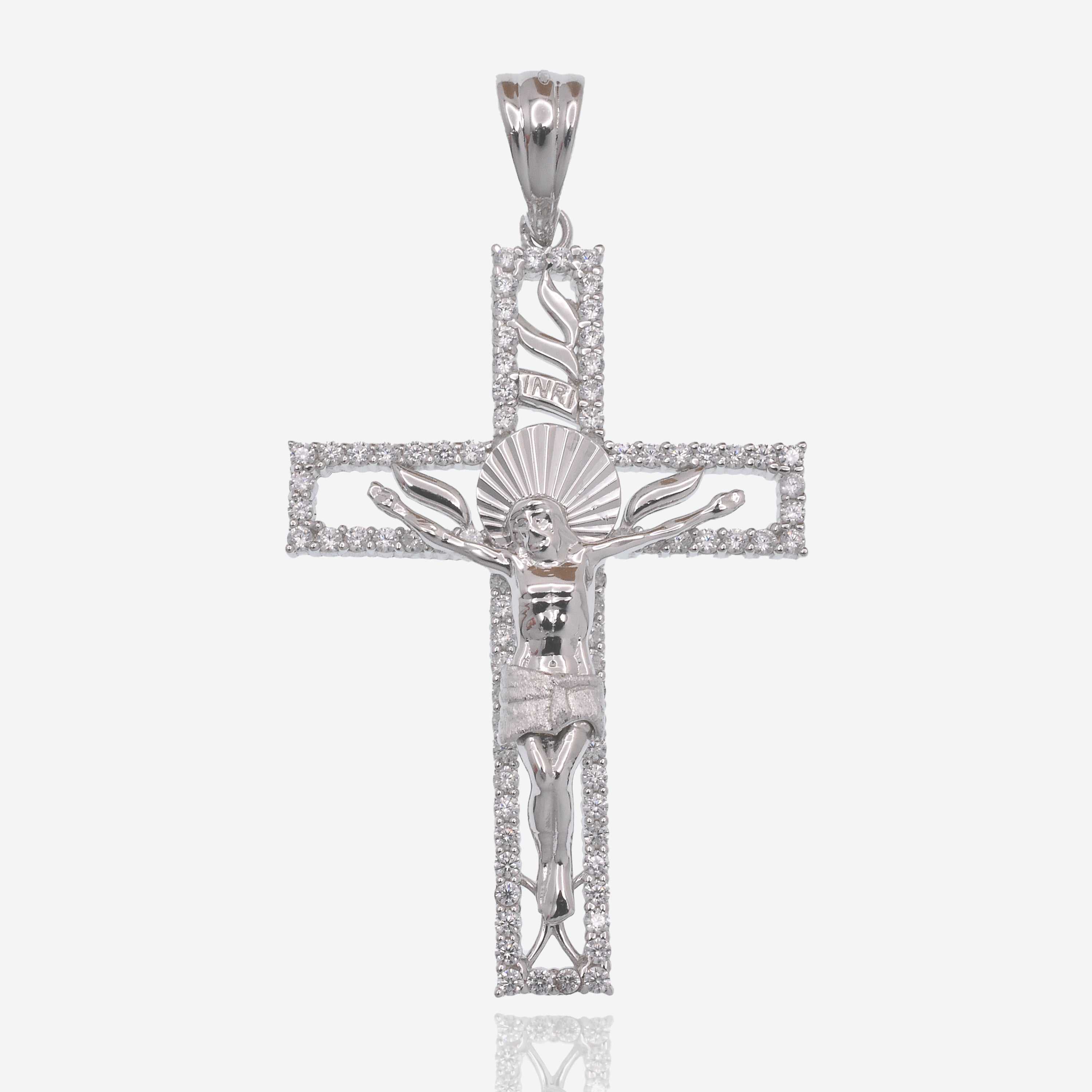 Colgante de cruz de plata de ley 925 rodiada con corte de diamante y circonita cúbica transparente de 26,5 mm x 38,4 mm - GMP00186