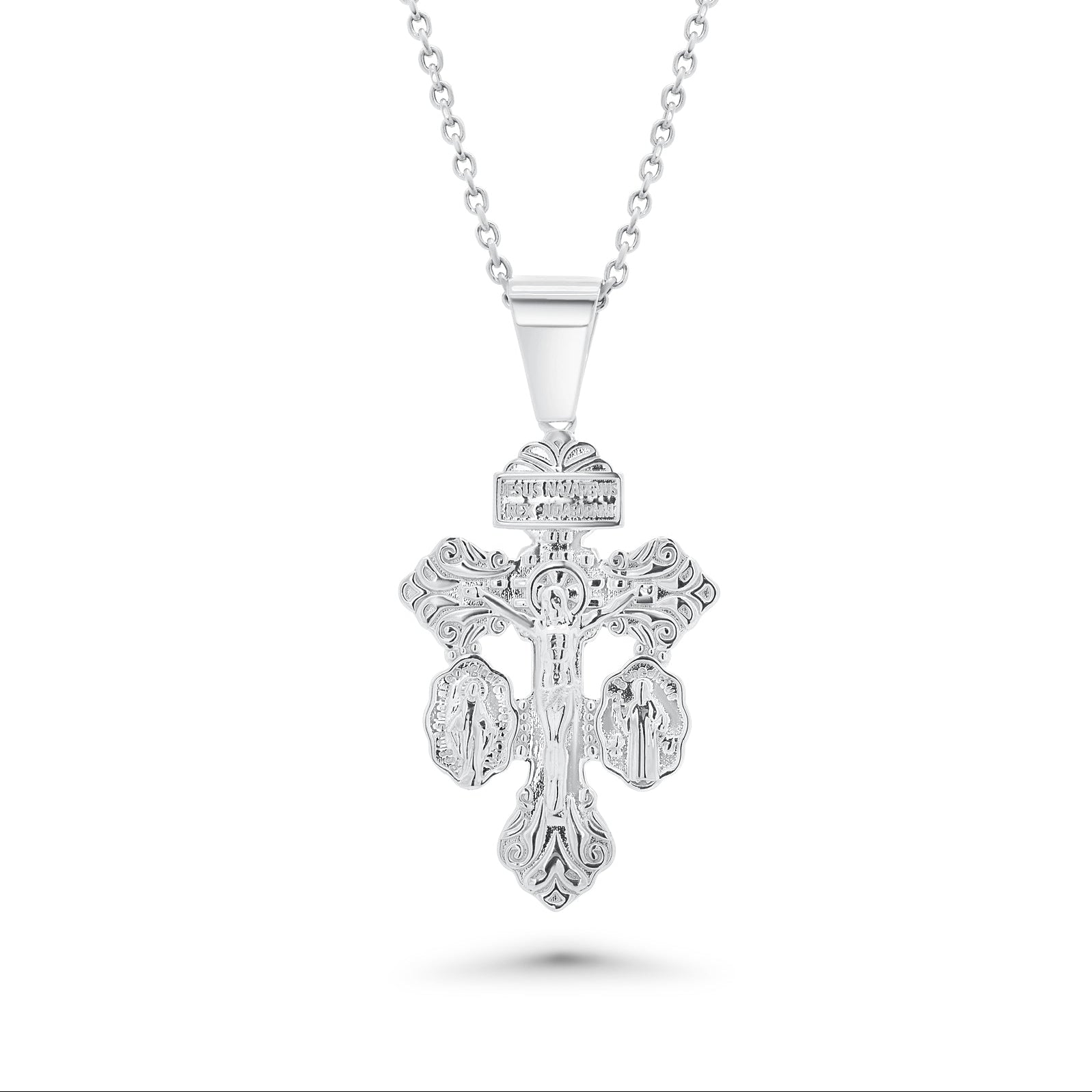 Rhodium Plated 925 Sterling Silver Ornate Crucifix Double Miraculous Medal Pendant - GMP00209