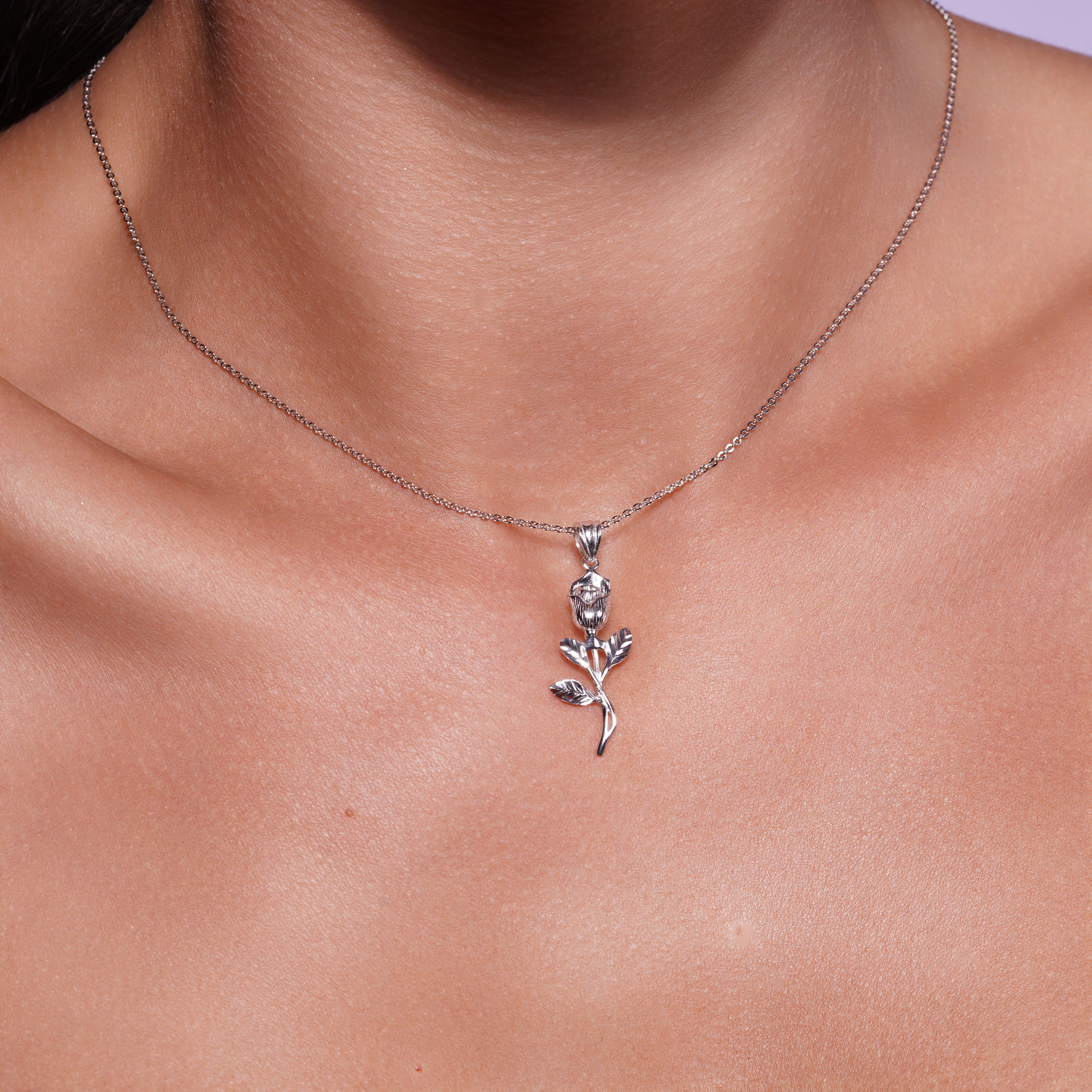 Rhodium Plated 925 Sterling Silver Diamond Cut Rose Stem Pendant- GMP00217