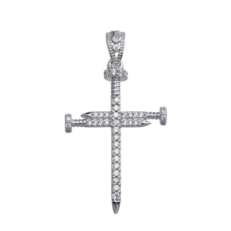 Rhodium Plated 925 Sterling Silver Nail Cross Moissanite Pendant - MGMP00077