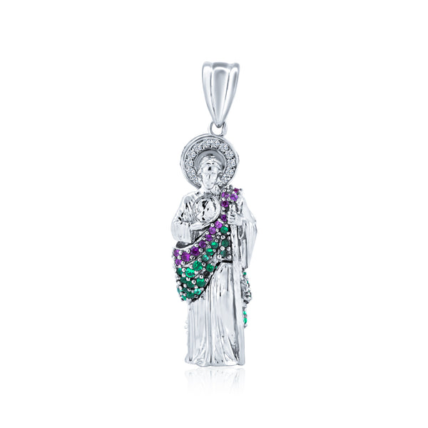 Rhodium Plated 925 Sterling Silver 3 Dimensional Red and Green CZ St Jude Pendant 32mm - GMP00086RBC