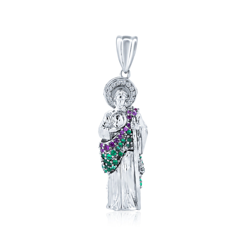 Colgante de San Judas con circonita roja y verde tridimensional bañada en rodio de plata 925, 32 mm - GMP00086RBC