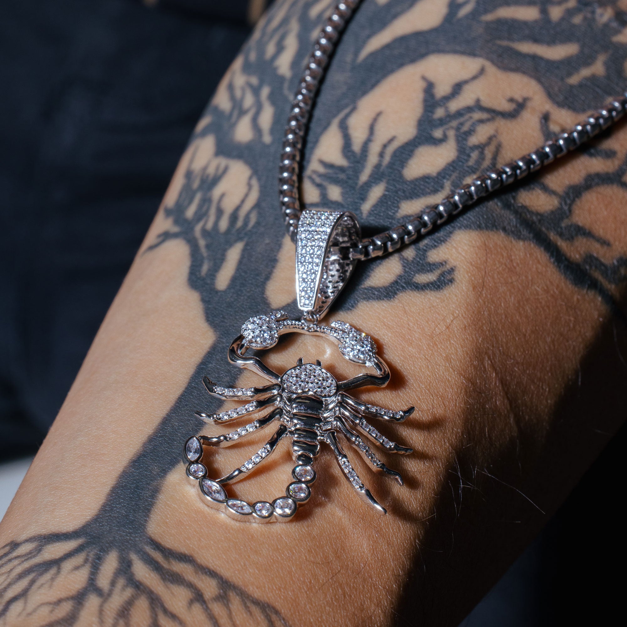 Rhodium Plated 925 Sterling Silver Scorpion Clear CZ Large Pendant