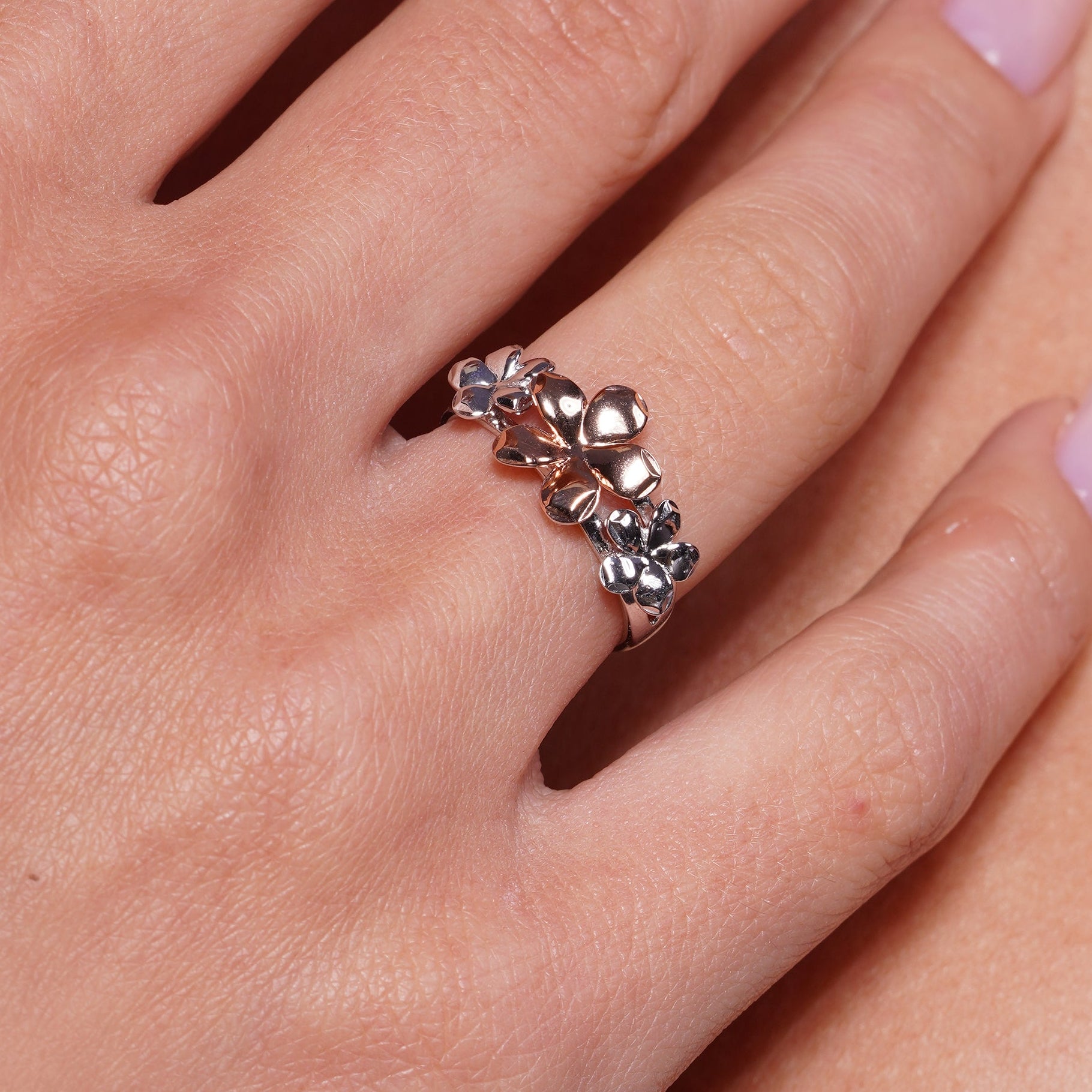 Rose Gold & Rhodium Plated 925 Sterling Silver Multi Flower Ring - GMR00458