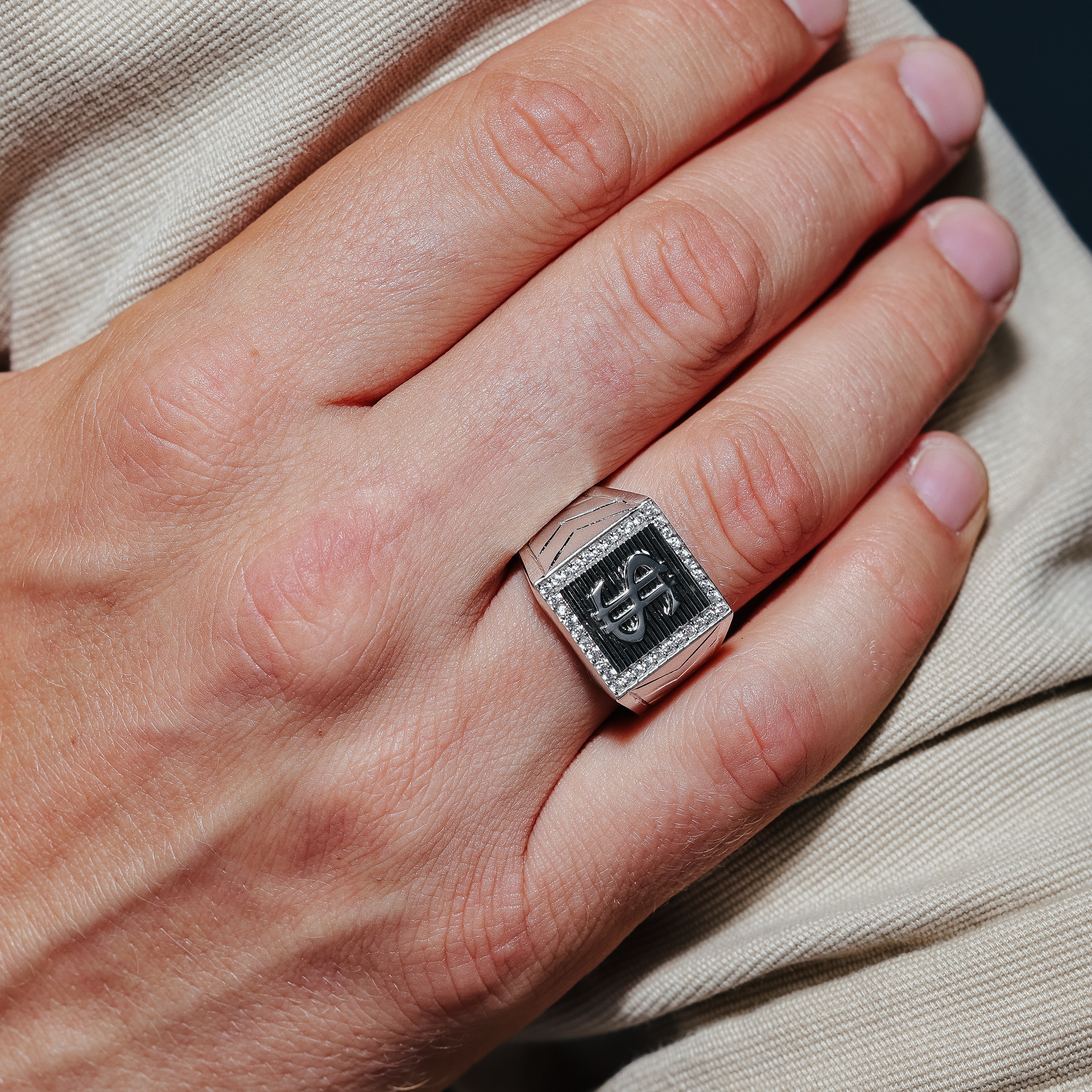 Mens Sterling Silver 925 Rhodium Dollar Sign Ring with CZ