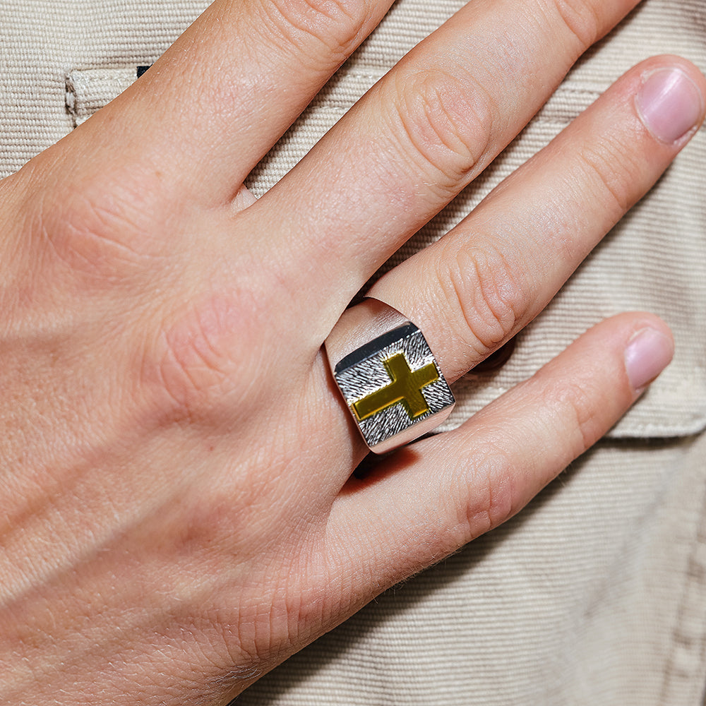 Men's Sterling Silver 925 Two-Toned Cross Ring - GMR00232RG