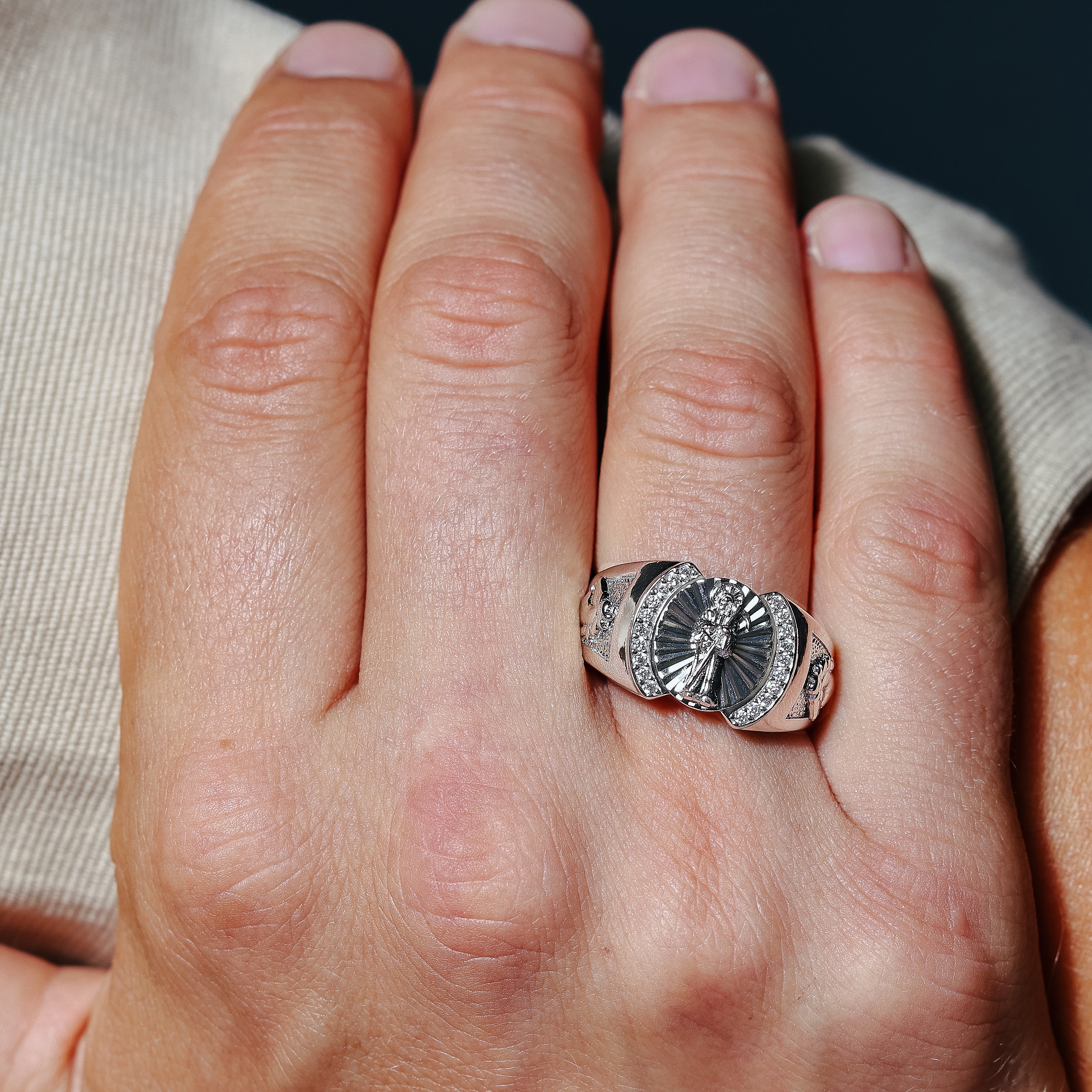 Rhodium Plated 925 Sterling Silver Santa Muerte Ring with CZ