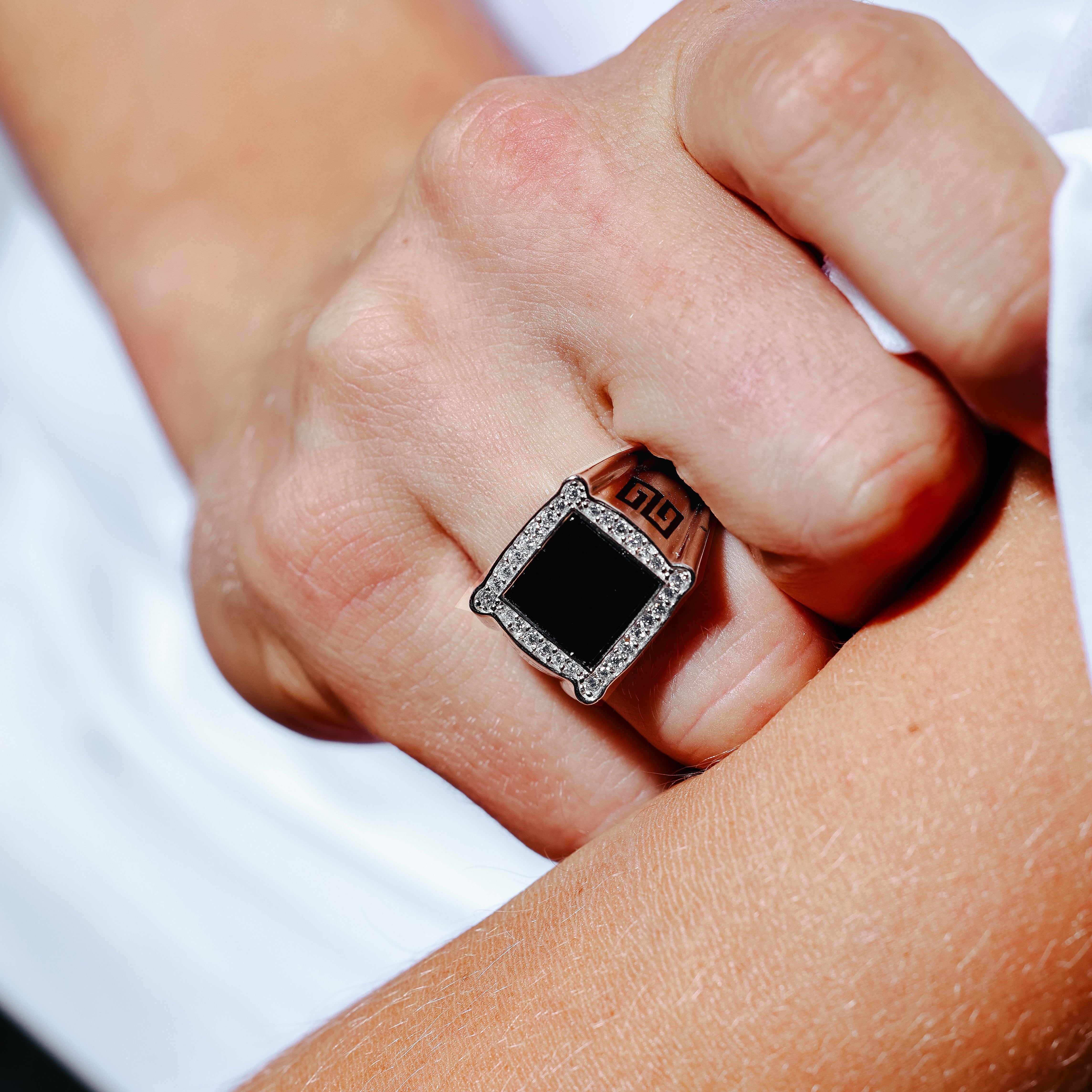 初期 Undercover Silver 925 Square Ring Men's Sterling Rhodium Plated 925 Sterling Silver Flat Square Onyx