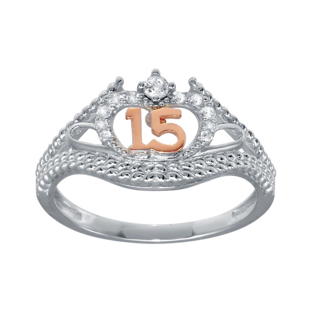 Anillo de plata de ley 925 rodiada con circonitas cúbicas de dos tonos y flor de quinceañera - GMR00302RHR