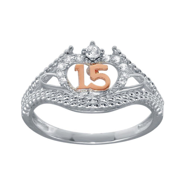 Anillo de plata de ley 925 rodiada con circonitas cúbicas de dos tonos y flor de quinceañera - GMR00302RHR