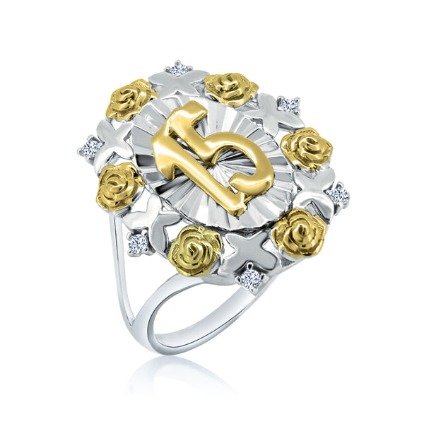 Silver Rhodium Plated Diamond Cut Quincinera Flower Ring - GMR00359RG