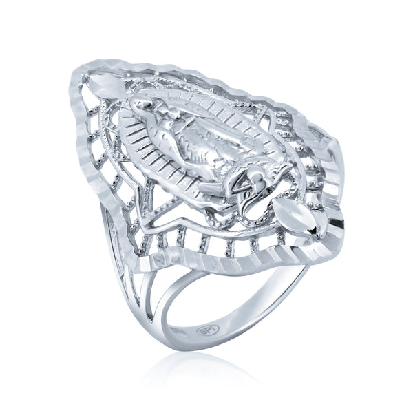Silver Rhodium Plated Diamond Cut Filigree Guadalupe CZ Ring - GMR00364