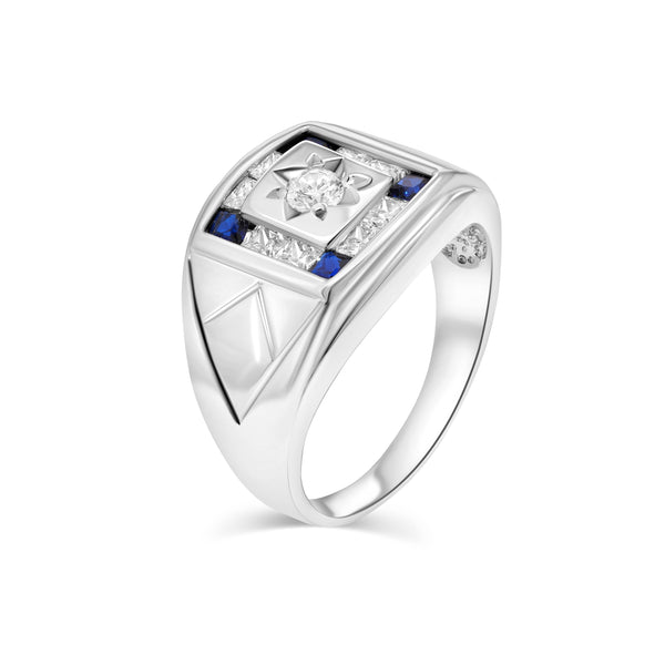 Rhodium Plated 925 Sterling Silver Men's Square Sapphire and Clear CZ 12.4mm x 14.8mm Ring - GMR00412