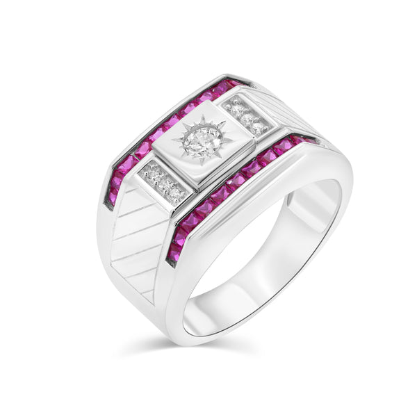 Rhodium Plated 925 Sterling Silver Men's Rectangle Sun Ruby and Clear CZ 13.7mm x 14.5mm Ring - GMR00413