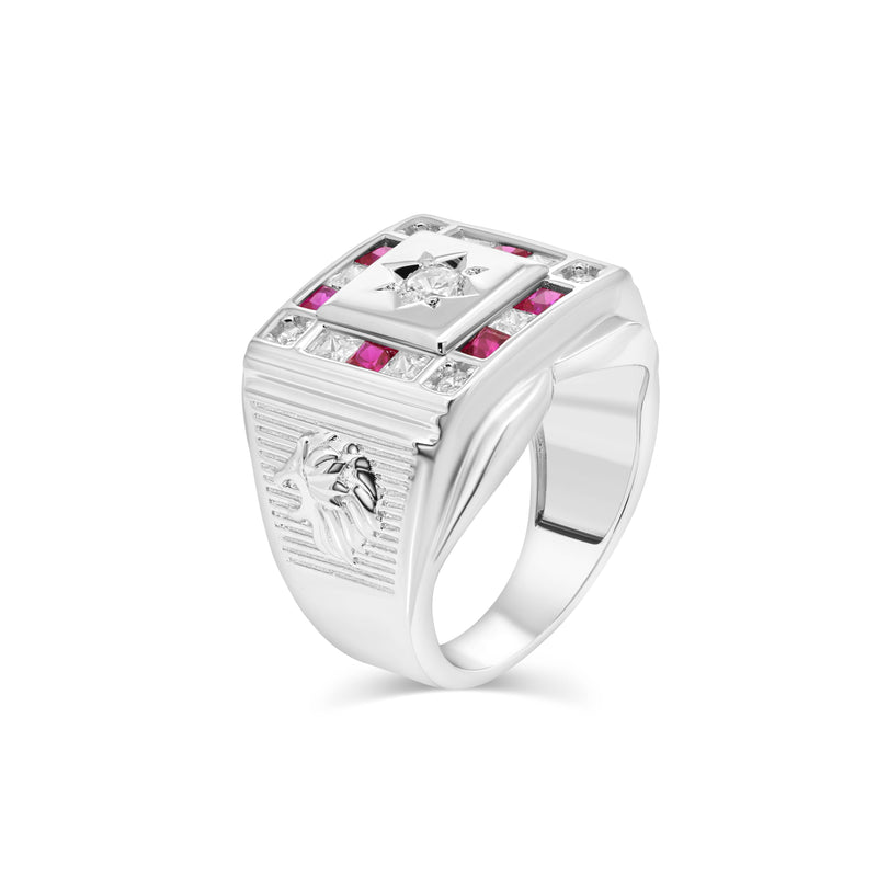 Rhodium Plated 925 Sterling Silver Men's Square Lion Sun Ruby and Clear CZ 16mm x 15.5mm Ring - GMR00414