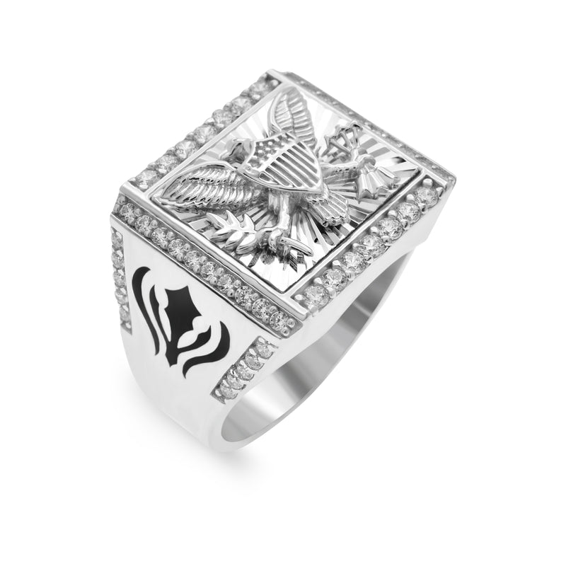 Rhodium Plated 925 Sterling Silver Men's Diamond Cut American Eagle Clear CZ 20.4mm x 17.2mm Ring - GMR00418