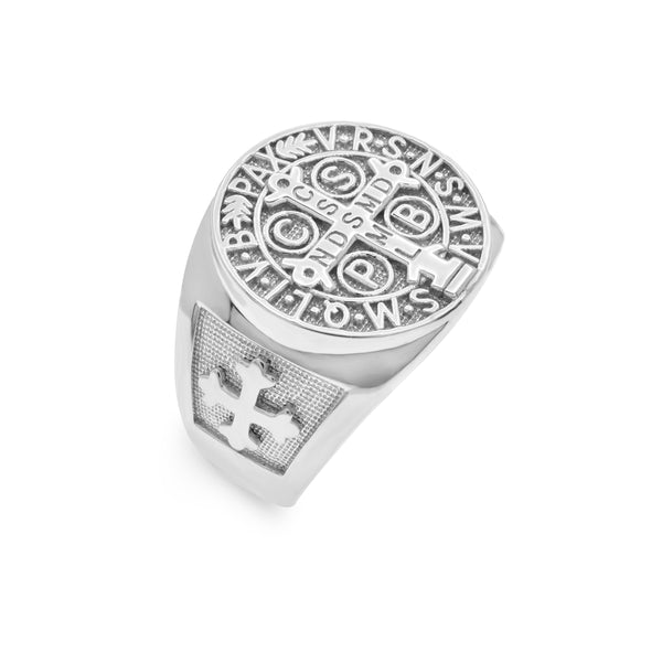 Rhodium Plated 925 Sterling Silver Men's Saint Benedict Prayer 17.2mm Ring - GMR00421