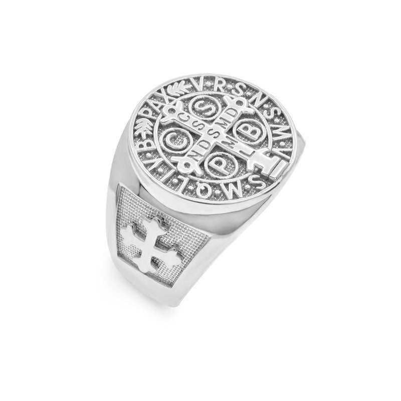 Rhodium Plated 925 Sterling Silver Men's Saint Benedict Prayer 17.2mm Ring - GMR00421