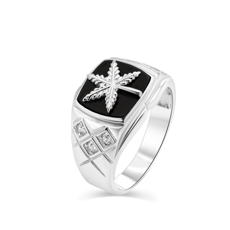 Rhodium Plated 925 Sterling Silver Men's Cannabis Black Onyx Clear CZ 12.2mm x 11.9mm Ring - GMR00423