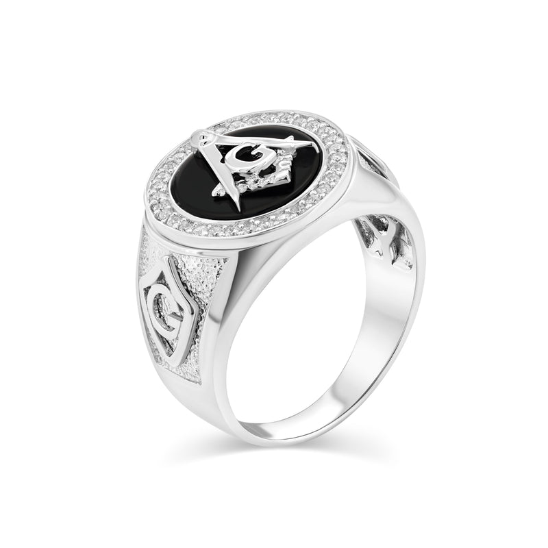 Rhodium Plated 925 Sterling Silver Men's Round Masonic Black Onyx Clear CZ 16.9mm Ring - GMR00426