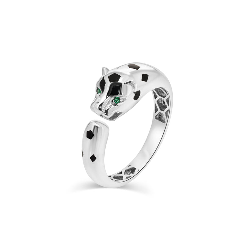 Rhodium Plated 925 Sterling Silver Panther Emerald Green CZ Eye Black Enamel Ring - GMR00431