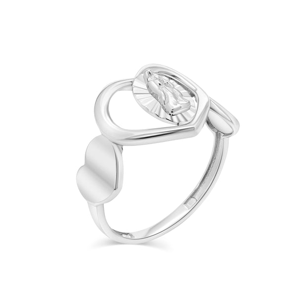 Rhodium Plated 925 Sterling Silver Three Hearts Our Lady of Guadalupe 12.7mm x 11.7mm Ring - GMR00434