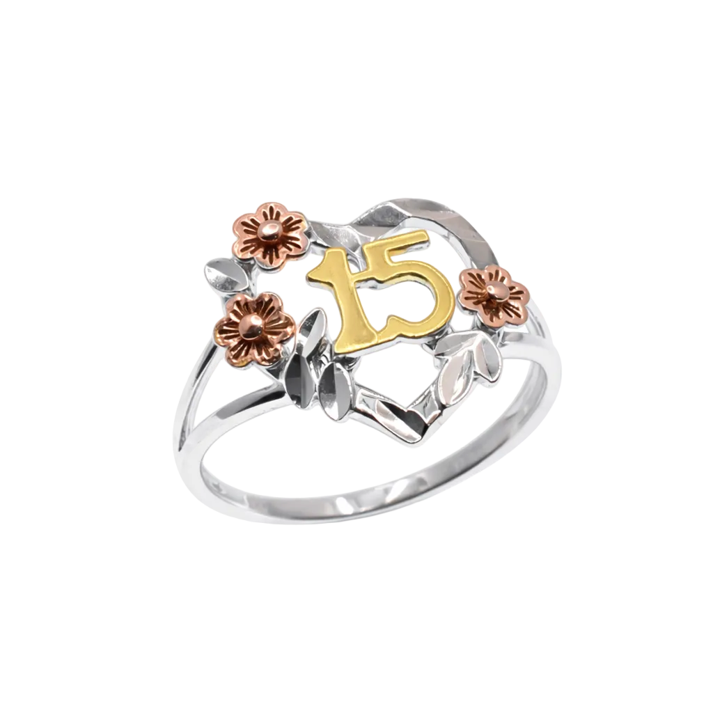 Three-Tone Plated 925 Sterling Silver Quinceañera Heart Flower Accents Ring - GMR00454