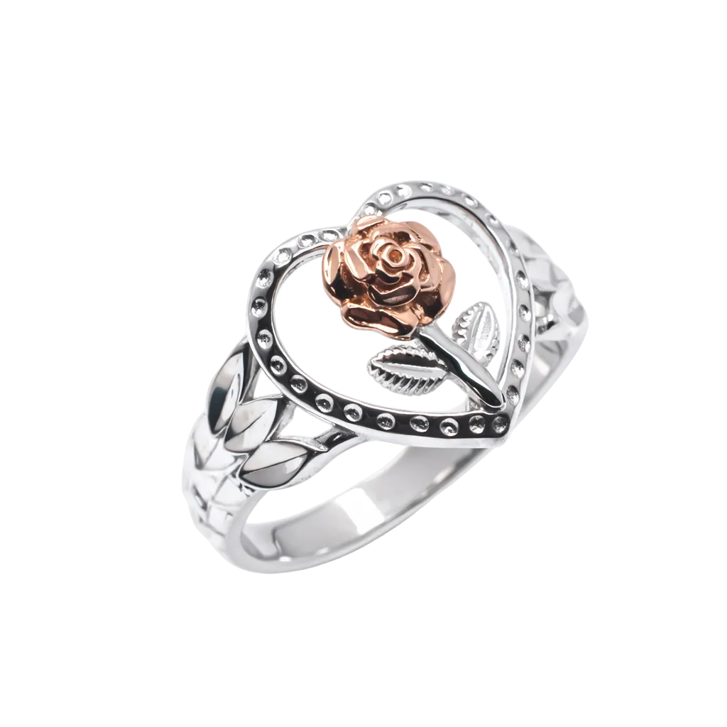 Two-Tone 925 Sterling Silver Rose Inside Beaded Heart Ring - GMR00455