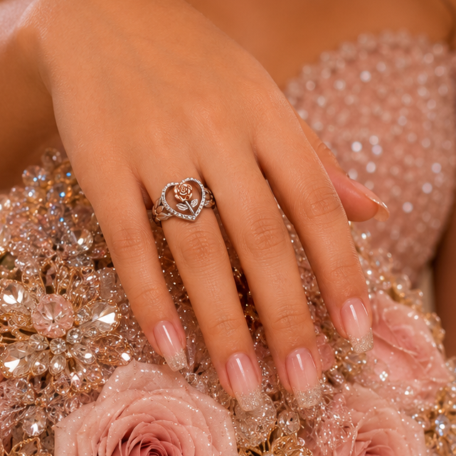 Two-Tone 925 Sterling Silver Rose Inside Beaded Heart Ring
