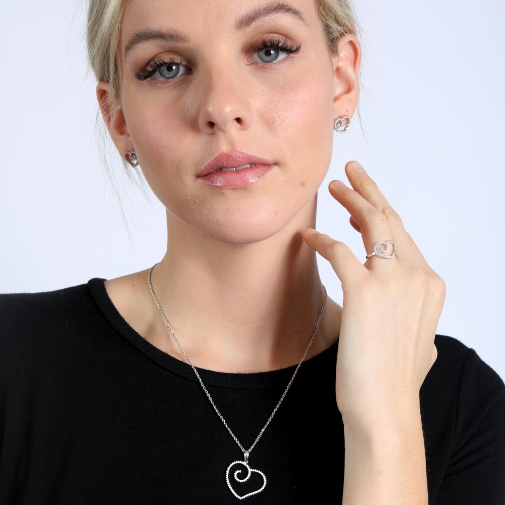Silver 925 Rhodium Plated Clear Open Heart CZ Stud Earring and Necklace Set - GMS00002RH